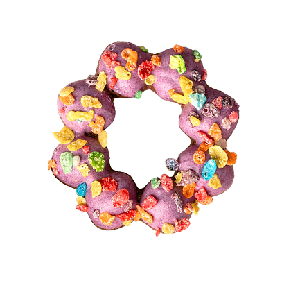 purple dochi donut with fruity pebbles